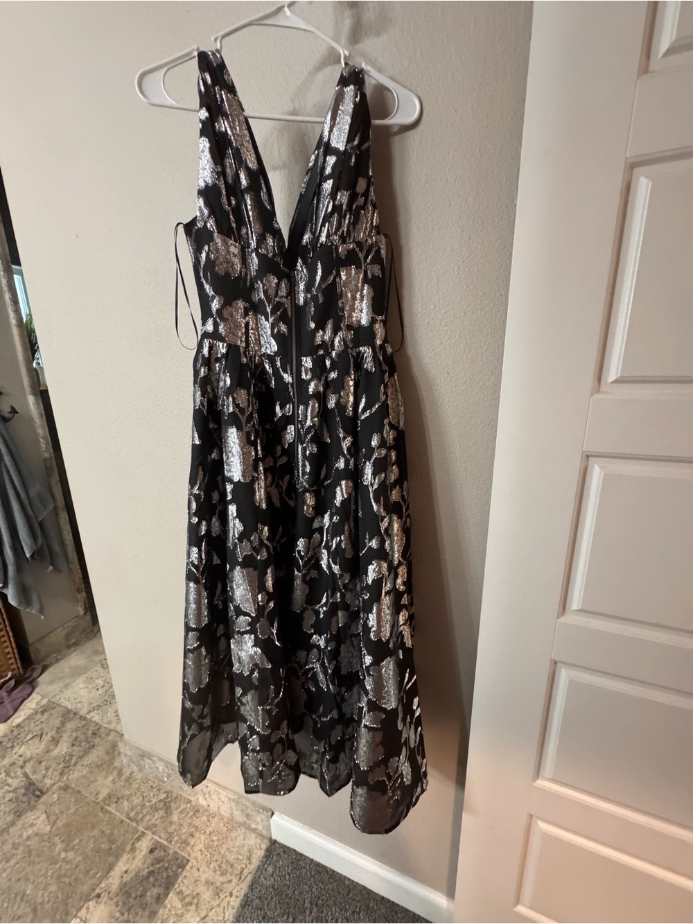 Flying Tomato Black Dress with Silver Metallic Floral Accents